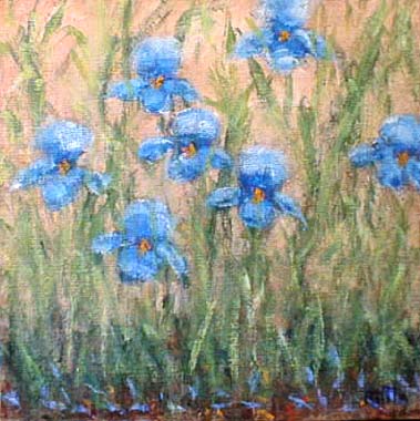 Titel: Blue iris on peach, Kunstenaar: Kauppinen, Riitta